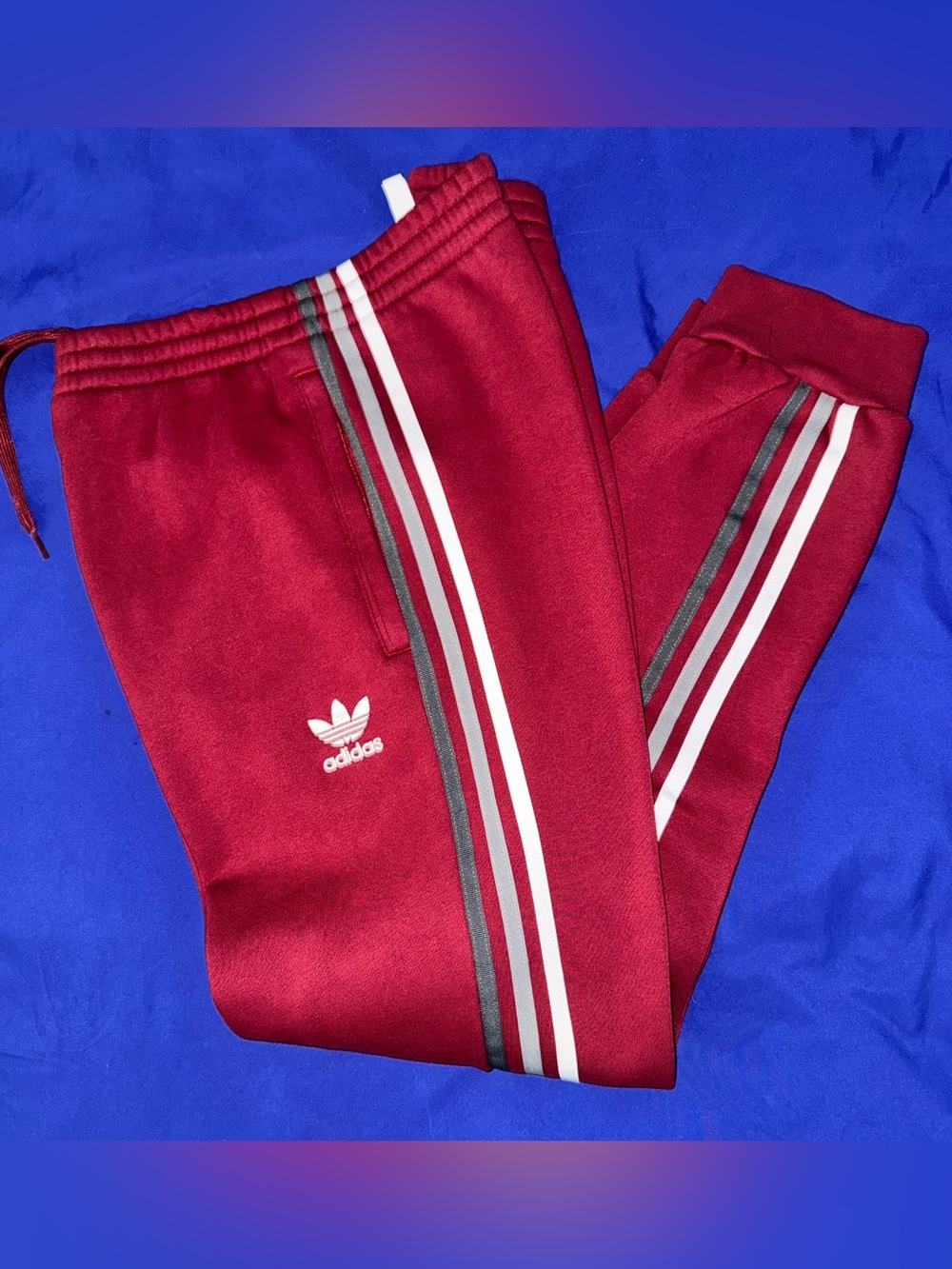 Men’s Adidas Maroon Joggers with White & Gray Side Stripes